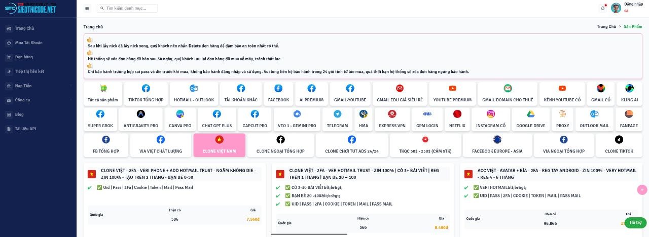 [SHOPCLONE1] Website bán tài khoản chatgpt, tài nguyên, nguyên liệu tự động